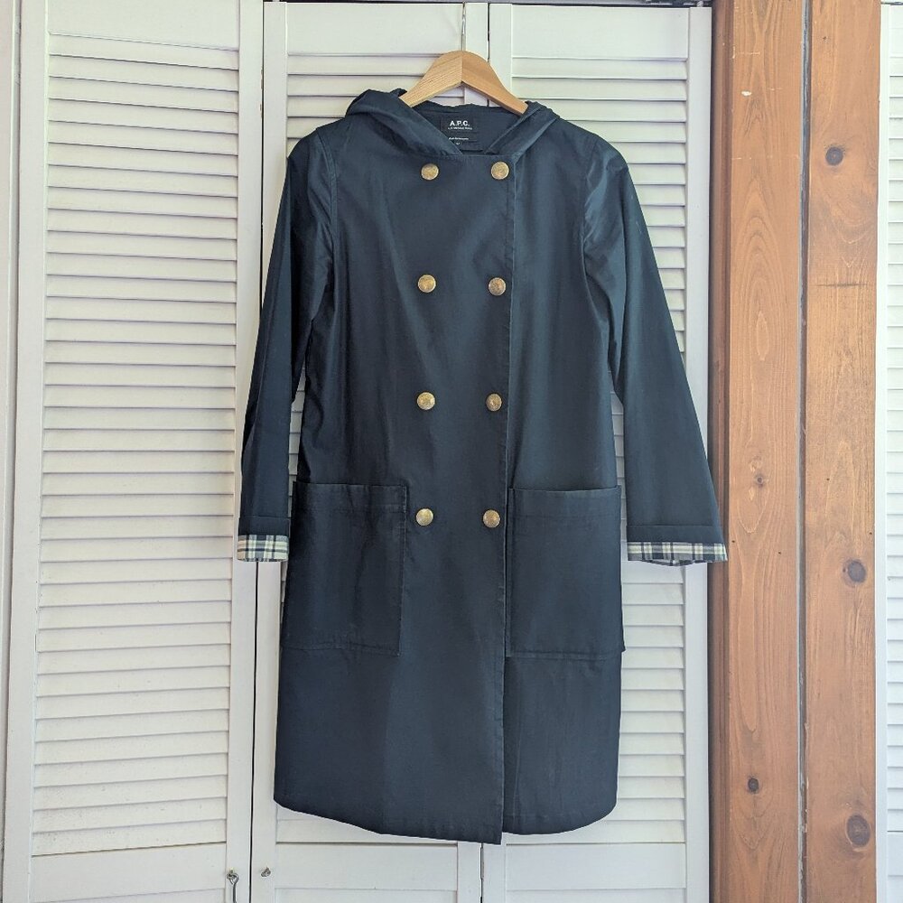 A.P.C. Navy Trench/Rain Coat with Hood. Plaid Lining! Women's 34/XS/S